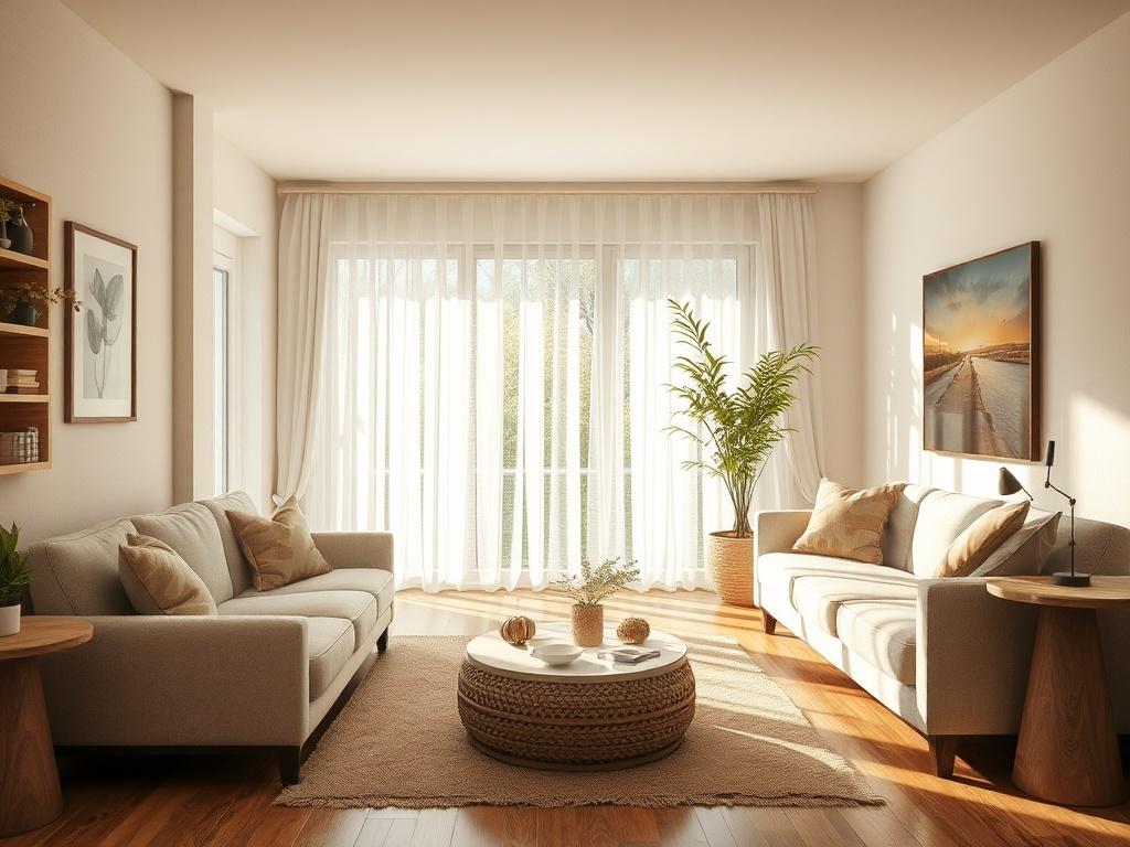 A cozy living room with plush furniture and a clean,