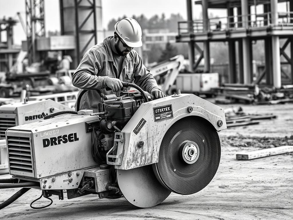 A realistic high-resolution black and white image of a concrete cutting machine in action, with a skilled operator focused on the task. The setting is a busy construction site, highlighting the technology used in concrete cutting. The image should convey efficiency and expertise, with a clear focus on the machinery and operator, compatible with the rgb(155, 2, 2) primary color.