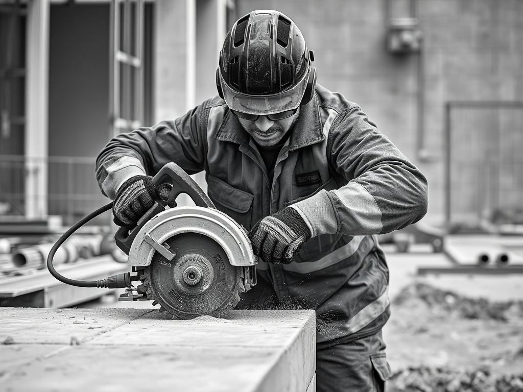 A realistic high-resolution black and white image of a construction worker cutting concrete with a saw, showcasing precision and professionalism. The background should be a construction site with clear lines and minimal distractions, emphasizing the worker and the cutting process. The image should reflect a serious and focused atmosphere, compatible with the rgb(155, 2, 2) primary color.
