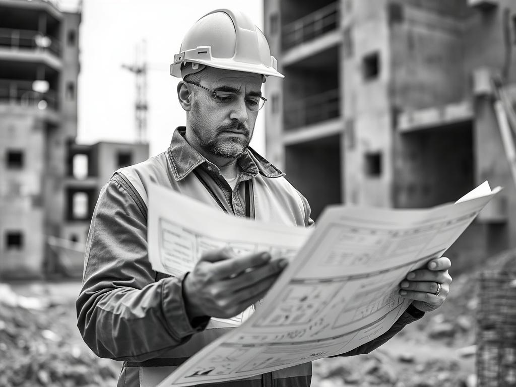 A realistic high-resolution black and white image showing a construction manager reviewing blueprints on-site, with concrete structures in the background. The focus should be on the manager's thoughtful expression and the detailed plans, emphasizing planning and customization in construction projects. The image must maintain a serious tone, compatible with the rgb(155, 2, 2) primary color.