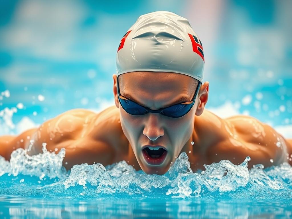 Create a hyper-realistic, high-resolution image of an adult swimmer in a pool, showcasing their powerful stroke and determination. The focus should be on the swimmer's form and technique, capturing water splashes around them. The background should be a blurred view of a swimming pool with vibrant blue tiles. Use a 45mm f/1.2 lens style to emphasize the swimmer in sharp focus while keeping the background soft. The color scheme should reflect the primary color rgb(3, 125, 201).