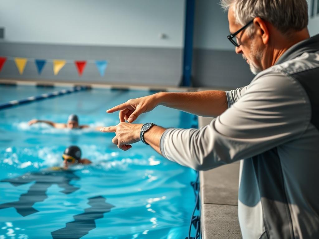 A close-up shot of a coach demonstrating a swimming stroke beside a pool. The coach is pointing towards the water, illustrating proper technique, while a swimmer practices in the background. The pool is well-lit, emphasizing the clarity of the water and the focus on skill development.