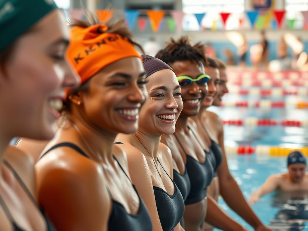 A close-up shot of a diverse group of adult swimmers in team uniforms, smiling and preparing to enter the pool. The background shows a lively pool scene, with bright colors and energy. The focus is on teamwork and enthusiasm, capturing the essence of community in swimming.