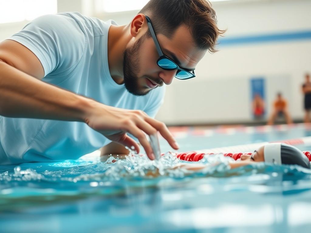 A close-up shot capturing a swimming coach providing personalized feedback to a swimmer during a technique workshop. The scene is set in a bright indoor pool, with the coach demonstrating a stroke correction while the swimmer practices. The water's surface reflects soft light, and the overall color scheme is in harmony with rgb(3, 125, 201).