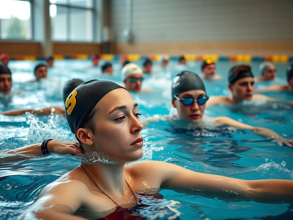 A close-up shot of a dynamic adult swimming class in action, featuring diverse individuals of varying skill levels, all focused on improving their strokes. The scene captures the energy and determination of the swimmers in a well-lit indoor pool, with water splashes and reflections adding to the atmosphere. The background is blurred to emphasize the swimmers, and the colors should align with the rgb(3, 125, 201) primary color.