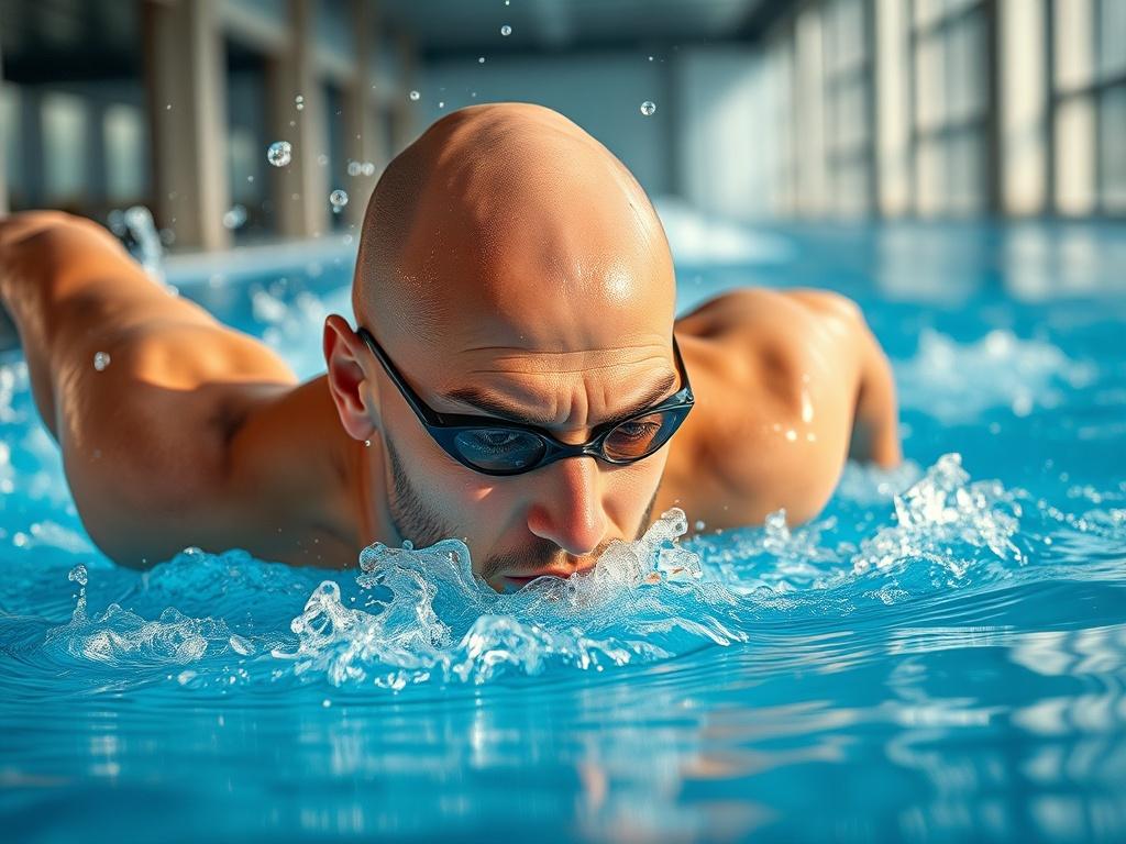 A close-up shot of an adult swimmer practicing strokes in a modern swimming pool, capturing the determination and focus on their face. The background includes water splashes and reflections, emphasizing the dynamic movement. The lighting is bright and clear, creating a vibrant atmosphere, taken with a 45mm f/1.2 lens style.