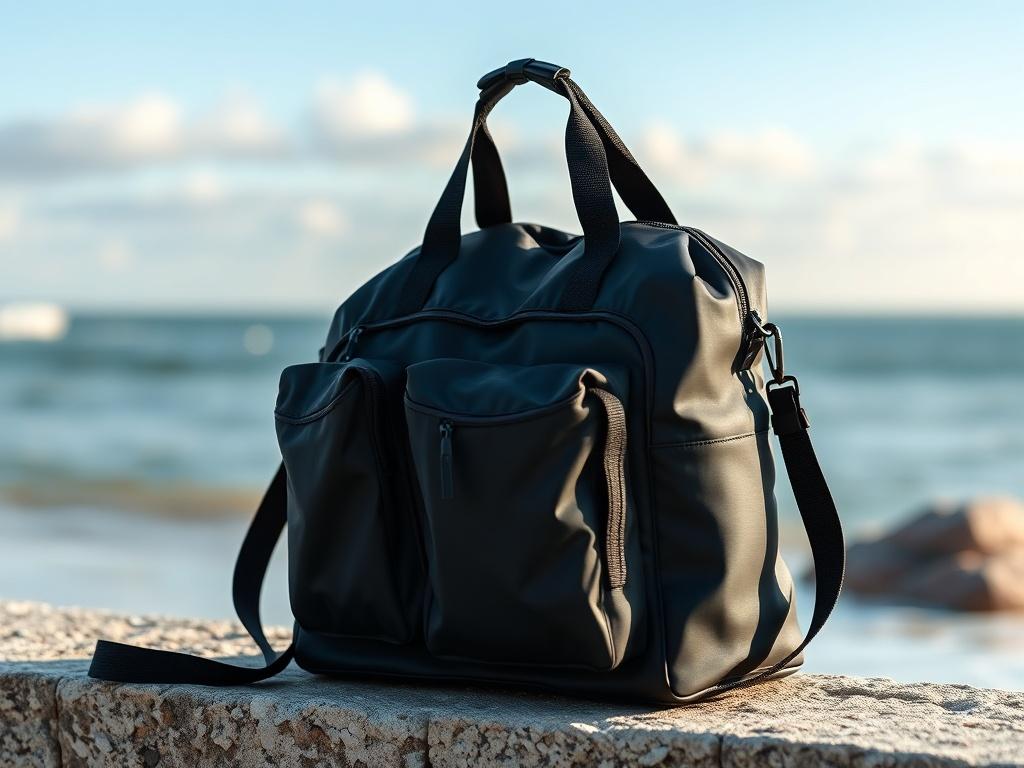 A high-resolution close-up shot of a stylish water resistance swim bag displayed against a blurred beach background. The bag should showcase its compartments and straps, focusing on its sleek design, shot with a 45mm f/1.2 lens.