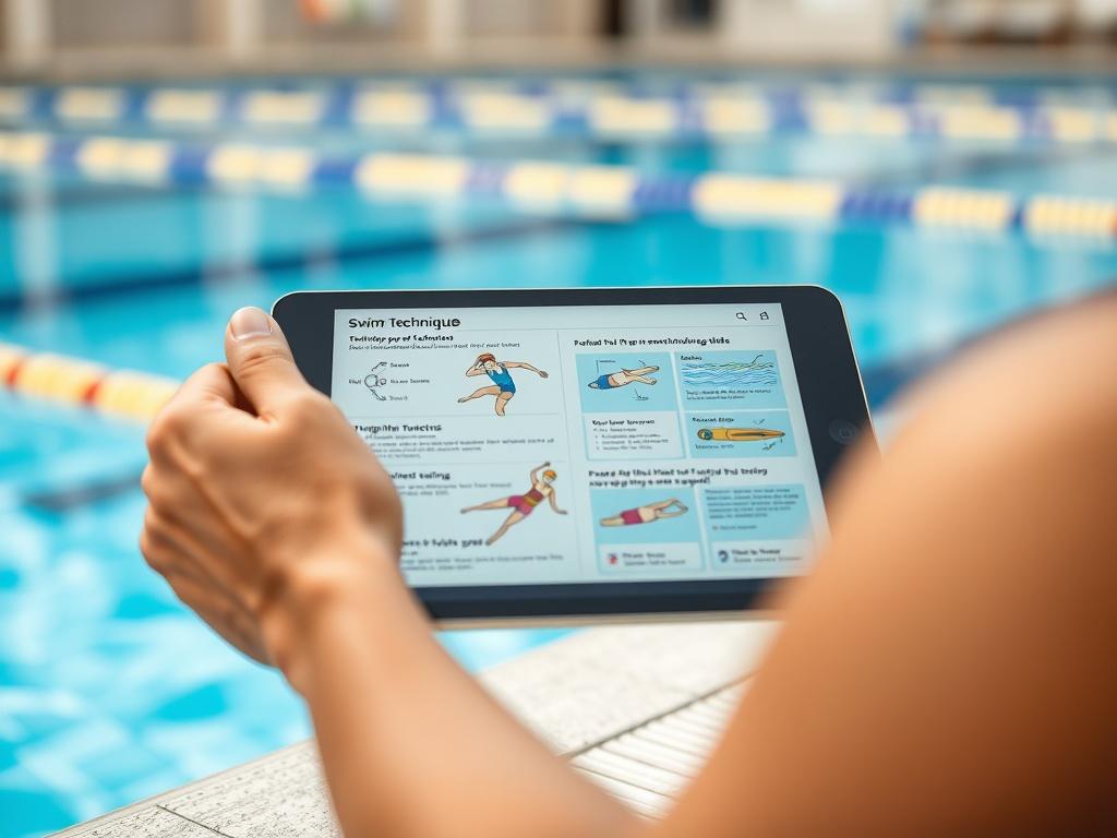 A high-resolution close-up shot of an open digital swim technique guide on a tablet, with a blurred poolside background. The tablet screen should display vibrant illustrations and instructions, shot with a 45mm f/1.2 lens.