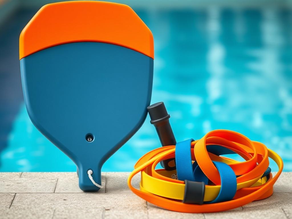 A high-resolution close-up shot of a swim training equipment bundle including a kickboard, pull buoy, and resistance bands, set against a blurred pool background. The focus should be on the equipment, showcasing their vibrant colors and textures, shot with a 45mm f/1.2 lens.