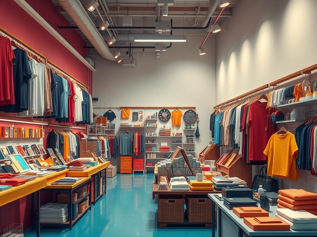 A vibrant marketplace scene showcasing various products like clothing, electronics,