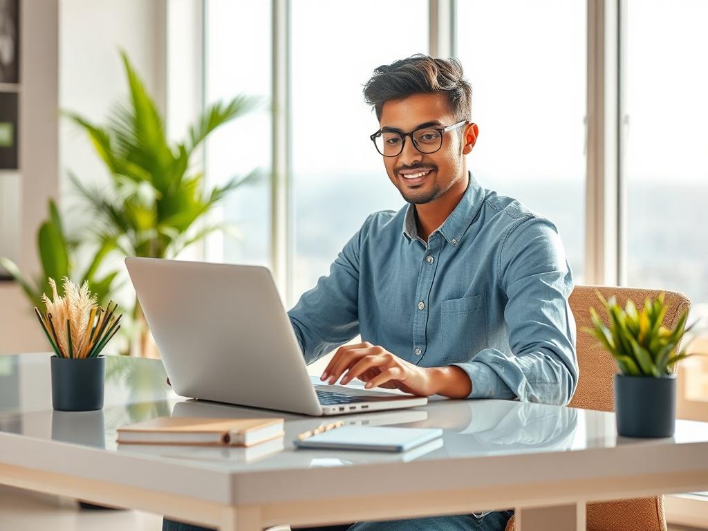 Create a realistic high-resolution photo that embodies the essence of a blog titled "Guia Prático para Encontrar Emprego em São Tomé e Príncipe." The composition should be simple and clear, focusing on a single subject: a young professional sitting at a modern, minimalistic desk, confidently reviewing a job application on a laptop. 

The background should be bright and inviting, featuring subtle hints of São Tomé e Príncipe's landscape, such as lush greenery or a glimpse of the ocean through a window, to pr