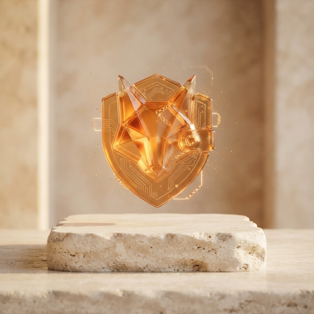 Amber glass wallet-inspired sculpture on a warm stone plinth
