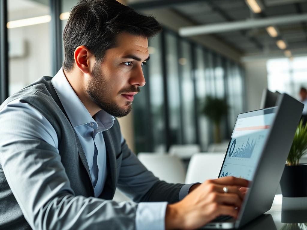 A close-up shot of a business consultant analyzing data on a laptop, with charts and graphs displayed on the screen. The background features a modern office environment, emphasizing professionalism and focus. The image should have a realistic high-resolution appearance, shot with a 45mm f/1.2 lens, showcasing the consultant's engaged expression.