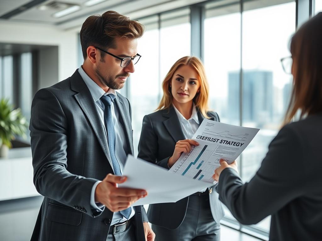 A professional consultant in a modern office setting, engaging with a client over a business strategy document. The focus is on the consultant, who is explaining the document, while the client looks attentive and engaged. The background features a sleek office with a large window showing a cityscape, conveying a sense of professionalism and strategic planning.