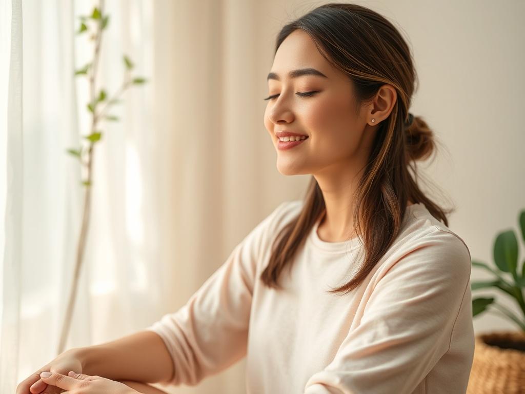 **AI Image Generation Prompt:**

Create a realistic high-resolution close-up photograph that embodies the theme of wellness and tranquility for a blog titled "Renewed, Not Overwhelmed: Your Guide to Stress-Free Wellness This New Year." The image should feature a single subject: a serene woman with a relaxed expression, sitting peacefully in a calming environment. She should embody a sense of balance and tranquility, with her eyes closed and a soft smile, as if she is meditating or experiencing deep relaxati