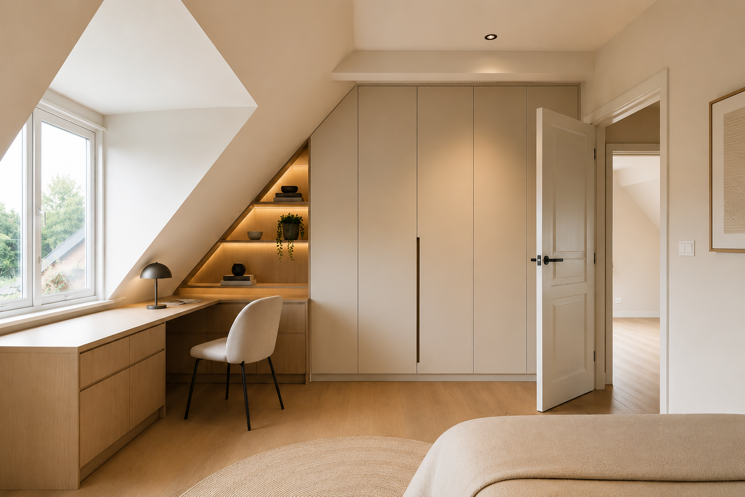 Het resultaat - afgewerkte slaapkamer met geïntegreerd maatwerk
