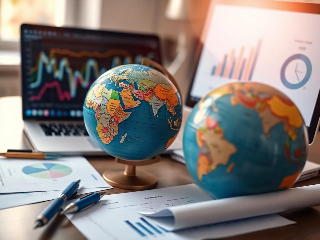 A close up shot of a globe and financial documents