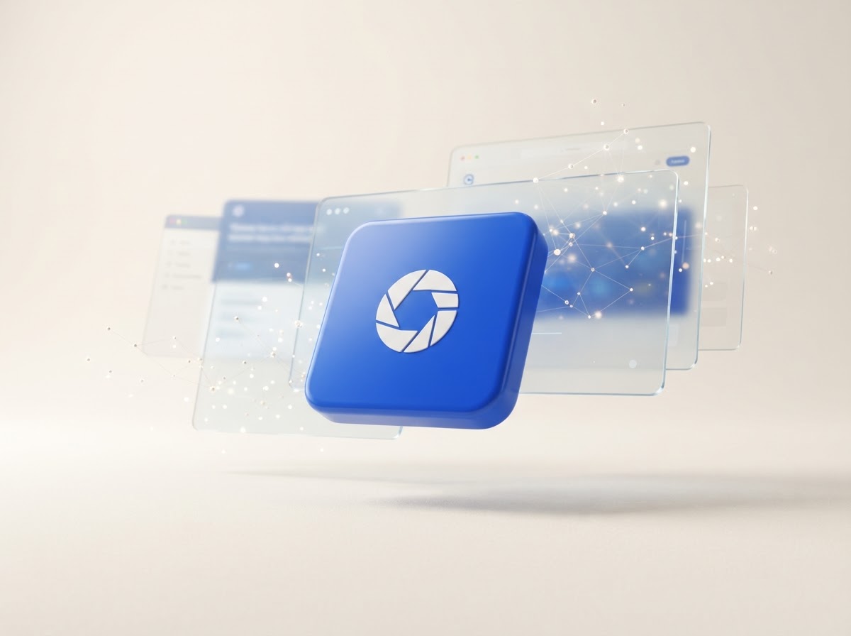 Blue digital wallet tile among translucent browser panels and connected network nodes