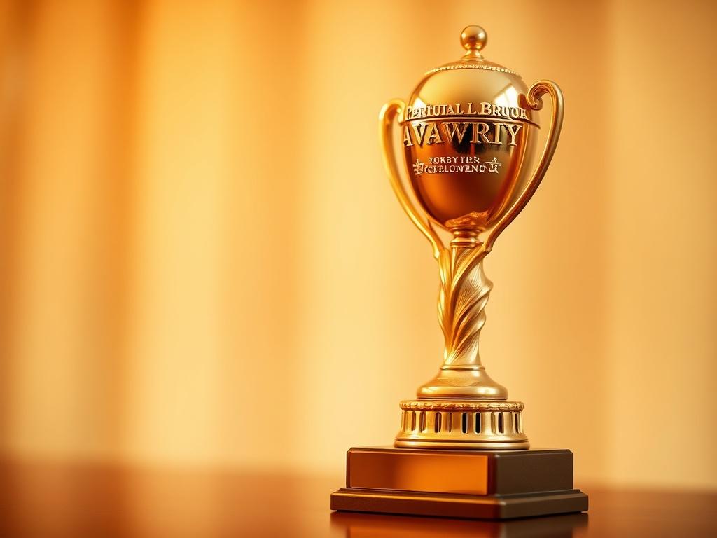 A close-up shot of a prestigious award trophy symbolizing excellence in diversity, set against a soft-focus background. The trophy should have intricate details and a golden finish, reflecting light beautifully, shot with a 45mm f/1.2 lens style. The background should have warm tones compatible with rgba(255, 181, 0, 0.54), emphasizing the trophy.