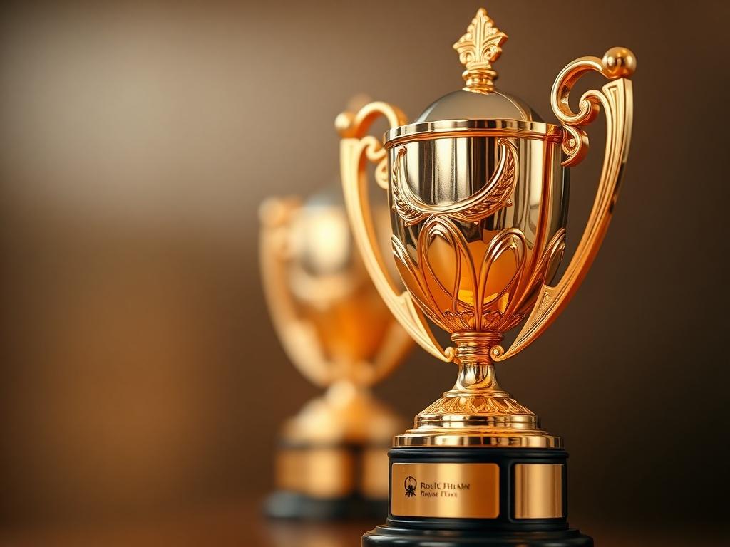 A close-up shot of a beautifully crafted award trophy symbolizing community impact in sports, featuring a warm gold finish and intricate details. The background should be softly blurred with colors that complement rgba(255, 181, 0, 0.54), enhancing the trophy's beauty, and captured with a 45mm f/1.2 lens.