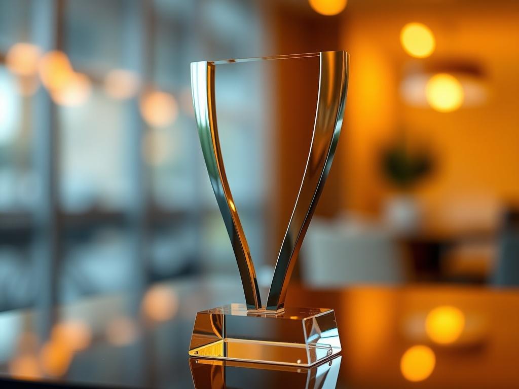 A close-up shot of a modern award trophy representing innovative leadership, featuring a sleek design with sharp angles and a reflective surface. The background should be softly blurred, showcasing warm colors that harmonize with rgba(255, 181, 0, 0.54), highlighting the trophy's elegance, captured with a 45mm f/1.2 lens.