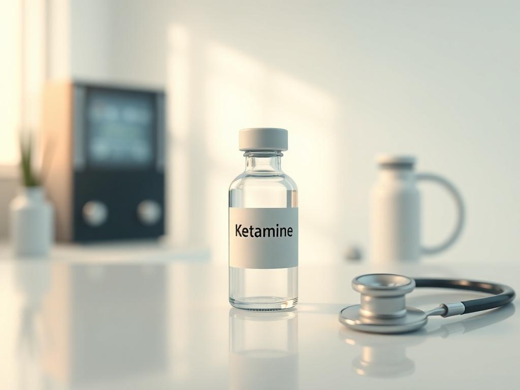 **AI Image Generation Prompt:**

Create a realistic high-resolution photo that visually embodies the concept of "Ketamine" as a therapeutic treatment for pain management. The composition should focus on a single, well-lit clinical vial of ketamine prominently positioned in the center of the image. The vial should be glass, reflecting the light to highlight its transparency and purity, with its label clearly showcasing the name "Ketamine" in a minimalistic style.

In the background, depict a softly blurred, 