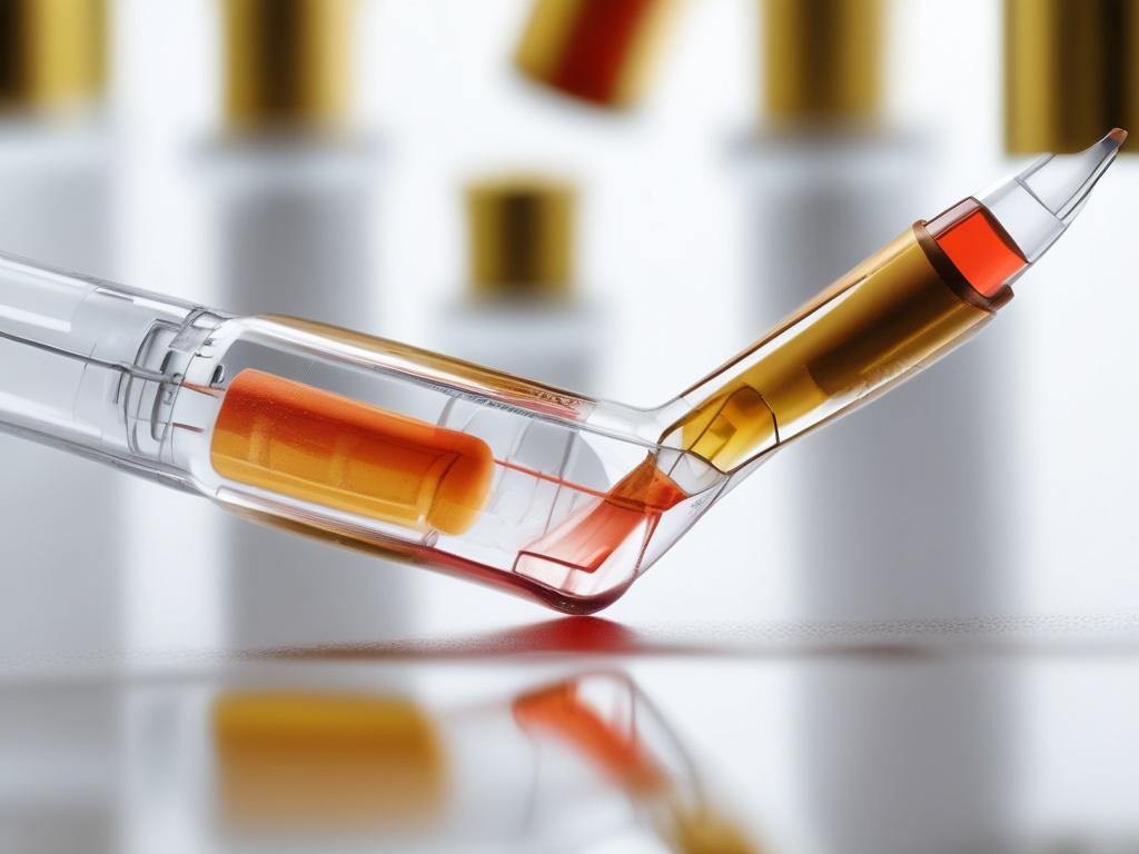 A single close-up shot of a syringe filled with golden, platelets rich plasma, resting on a clean, white surface. The background is softly blurred to emphasize the syringe. The lighting is bright and natural, highlighting the texture and color of the plasma, creating a sense of purity and professionalism.