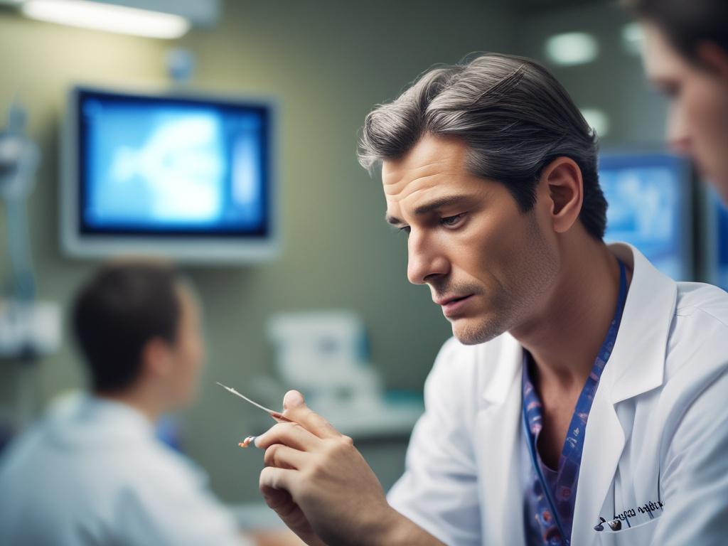 A close-up shot of a physician performing an interventional pain management procedure, highlighting precision and care. The background should be a medical environment, softly blurred to keep focus on the physician and the patient. The subject should convey professionalism and compassion, with natural lighting emphasizing the details of the procedure. The color scheme should include shades of green to complement the primary color rgb(50, 170, 39).