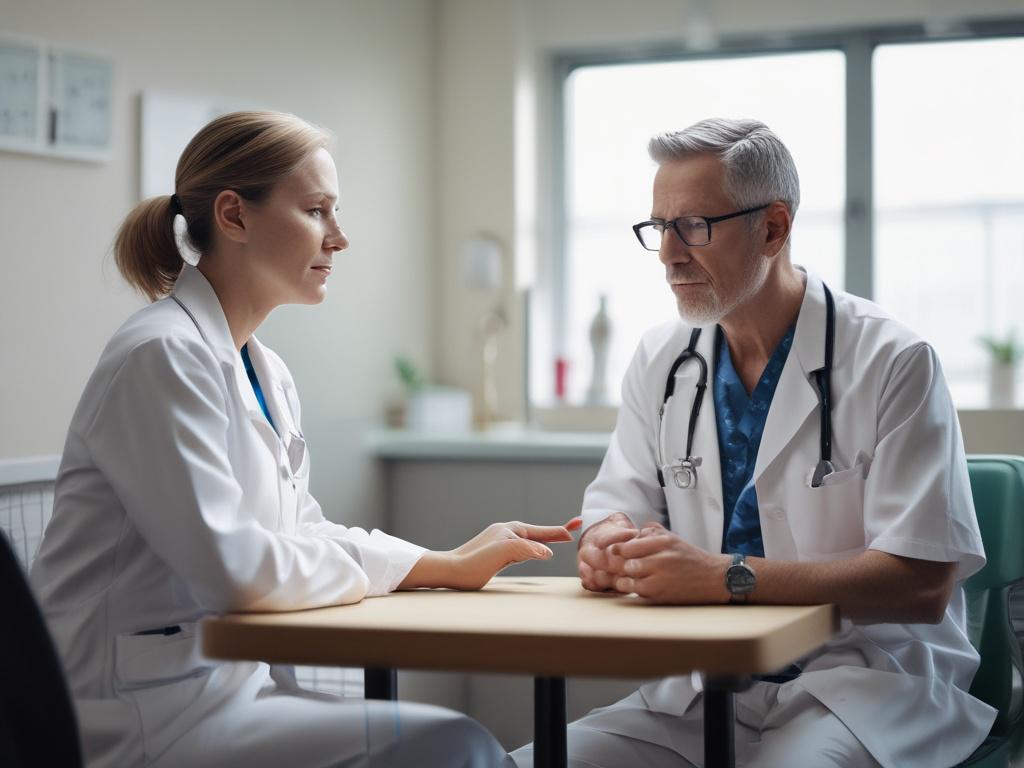 A close-up shot of a patient discussing their pain assessment with a physician, showcasing empathy and understanding. The background should feature a calm medical setting with soft colors, focusing on the interaction between the doctor and patient. The image should capture the attentive expressions of both individuals, highlighting the importance of communication in healthcare. The color scheme should incorporate shades of green to align with the primary color rgb(50, 170, 39).