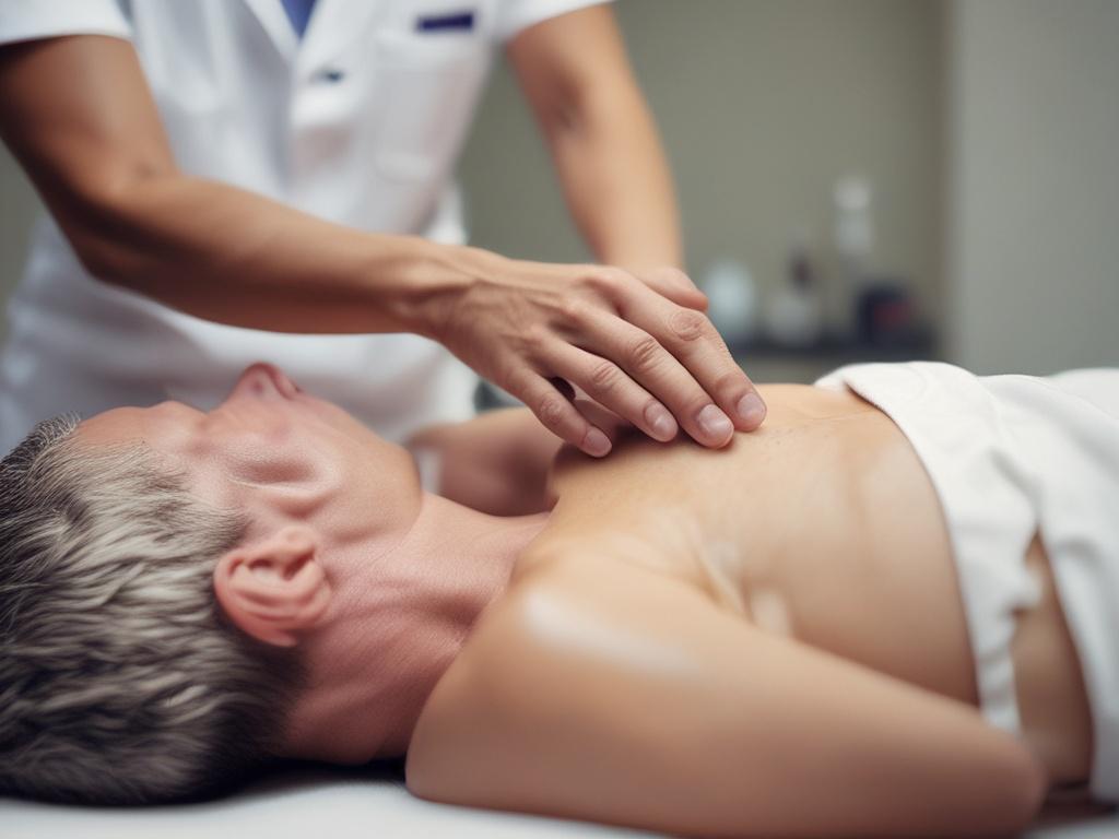 A close-up shot of a patient receiving myofascial release therapy in a professional and calming clinic setting. The therapist is gently applying pressure to a specific muscle group on the patient's back, emphasizing relaxation and relief. The background is softly blurred to keep the focus on the interaction between the therapist and patient. The lighting is warm and inviting, creating a soothing atmosphere. The color scheme aligns with the primary color rgb(50, 170, 39), enhancing the overall calming experi