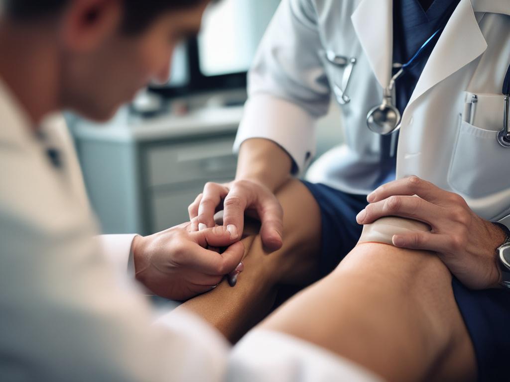 A highly detailed, hyper-realistic close-up photograph of a doctor examining a patient's knee joint in an office setting. The doctor, a middle-aged male with short dark hair, is looking intently at the knee, which is partially visible in the frame. The background features a clean, modern medical office with soft lighting and a few medical charts on the wall. The color scheme incorporates the rgb(50, 170, 39) primary color subtly in decor or medical equipment.