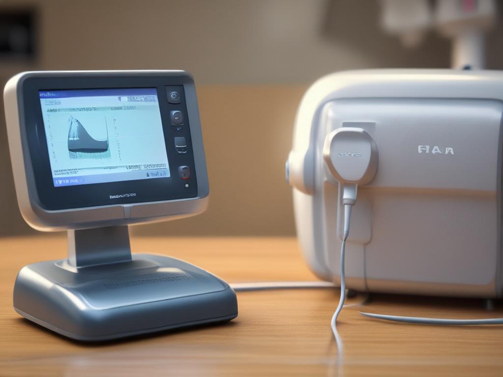 A realistic high-resolution close-up shot of an advanced ultrasound device used for pain management, specifically for treating tendinopathy. The device should be prominently displayed, showcasing its sleek design and user-friendly interface. The background should be softly blurred, focusing on the device with a calming color palette that includes shades of green to reflect healing. The lighting should highlight the contours and features of the device, creating a professional and inviting atmosphere.