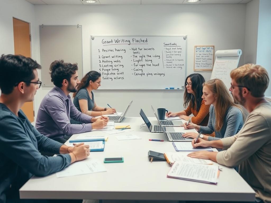 A focused group of individuals sitting at a table, actively participating in a workshop. Papers, laptops, and writing materials are scattered around, indicating collaboration and learning. The room is well-lit, with a whiteboard in the background displaying key points and tips for grant writing. The atmosphere is dynamic and engaging, showcasing a commitment to education and skill development.