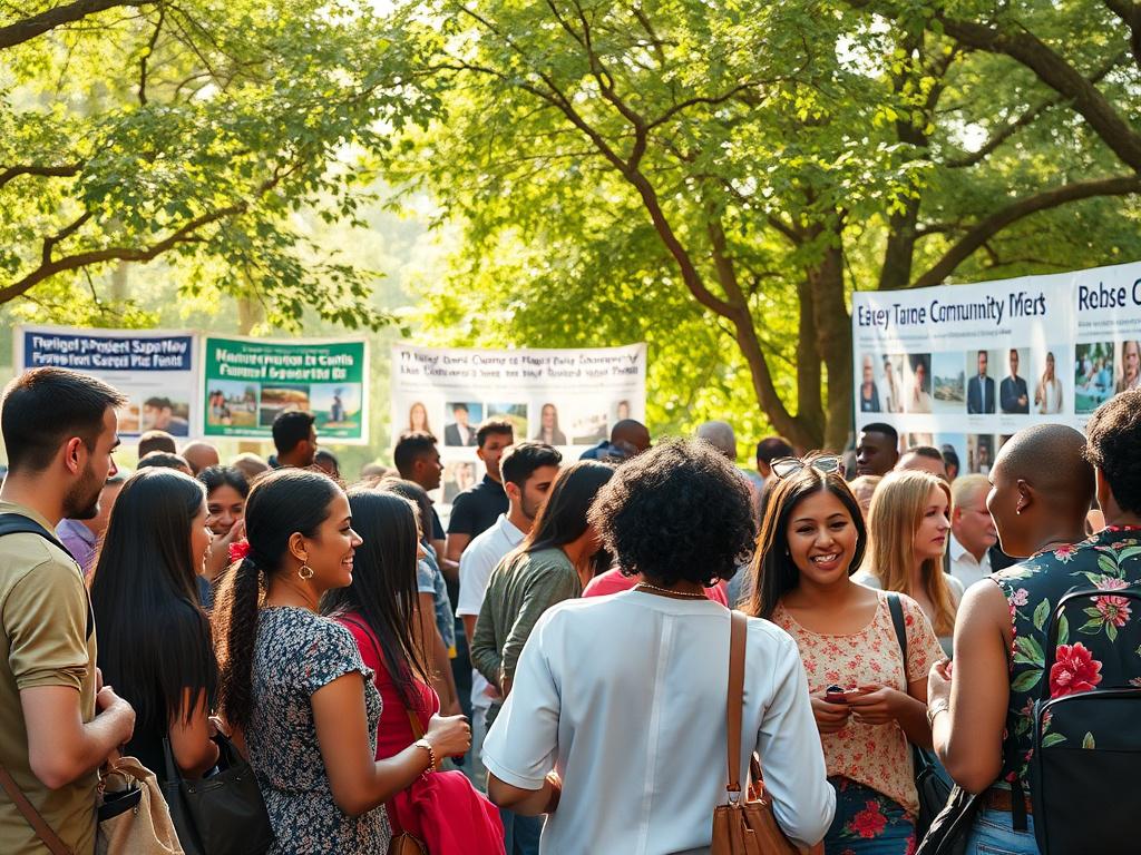 A vibrant community gathering scene with diverse individuals engaged in conversation and sharing ideas. The backdrop features banners and posters showcasing various community projects supported by grants. Natural light filters through trees, creating a warm and inviting atmosphere. The image captures a sense of collaboration and enthusiasm, reflecting the spirit of community empowerment and collective growth.
