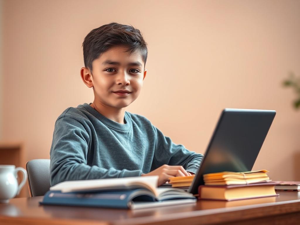 A young student, sitting at a desk with open books and a laptop, looking motivated and determined. The background is softly blurred, featuring calming colors that evoke a peaceful atmosphere. Gentle lighting illuminates the student's focused expression, emphasizing the importance of education and the opportunity for growth. The overall scene is warm and inviting, ideal for inspiring hope and ambition in young minds.