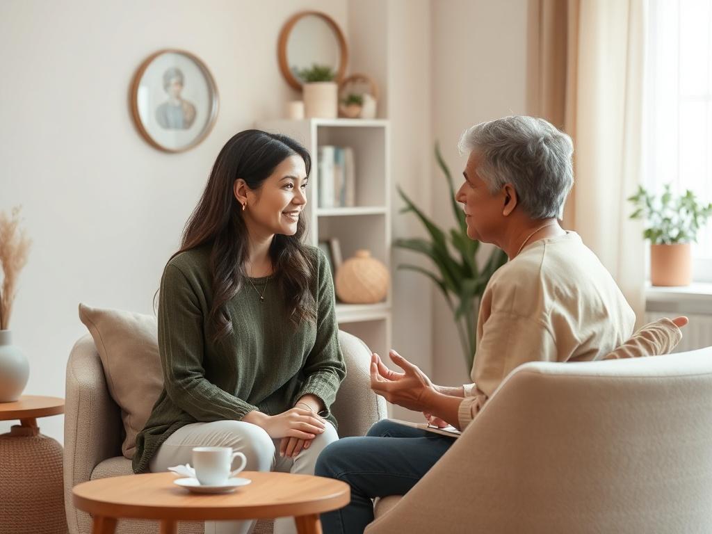 A serene counseling session with a compassionate therapist and a client in a cozy room. Soft tones, gentle lighting, and peaceful decor create a calming atmosphere, reflecting mental health advocacy's supportive nature.