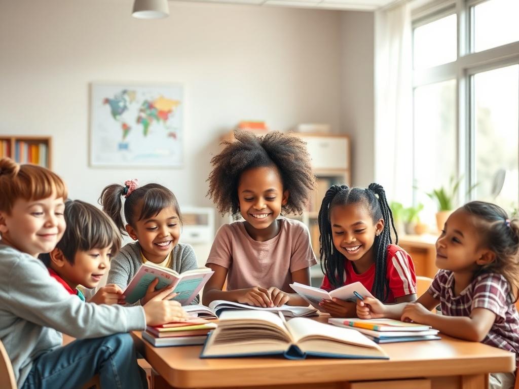 A diverse group of children engaged in a lively after-school tutoring session, surrounded by books and learning materials. The room is bright and inviting, filled with soft colors and warm lighting, emphasizing the joy of educational empowerment.