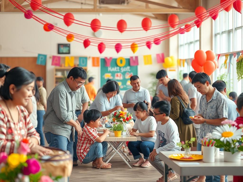 A vibrant community event showcasing diverse families and individuals participating in collaborative activities. The setting features colorful decorations, friendly interactions, and a sense of unity, reflecting the spirit of community development.