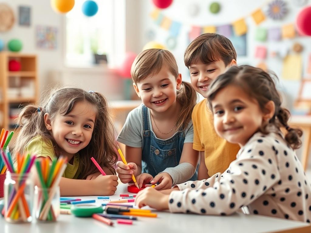 A group of children participating in a fun after-school activity, such as painting or crafting. They are smiling and collaborating on a project. The background is bright and cheerful, filled with art supplies and colorful decorations, conveying a sense of creativity and joy.