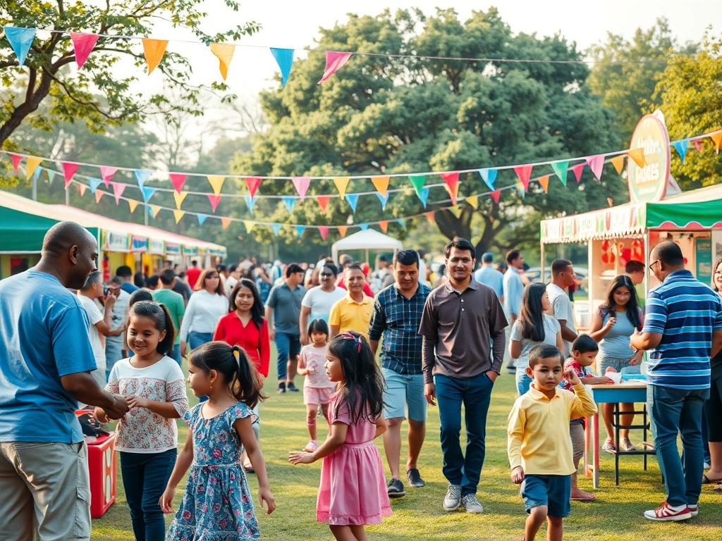 A vibrant community event in a park, featuring families and children enjoying various activities like games and food booths. The atmosphere is lively and colorful, with decorations and smiles all around, showcasing unity and celebration among diverse participants.