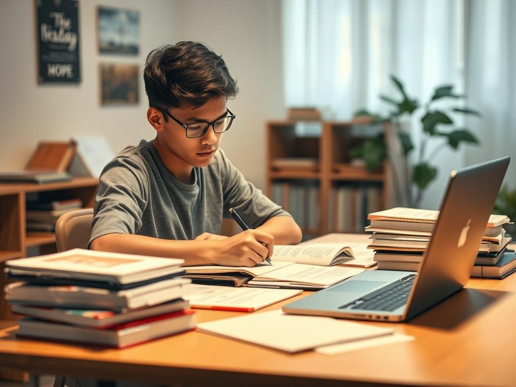A focused student studying at a desk filled with books, papers, and a laptop. The student is engaged and writing notes. The background is softly lit with warm tones, depicting a peaceful study environment. The atmosphere conveys determination and hope.