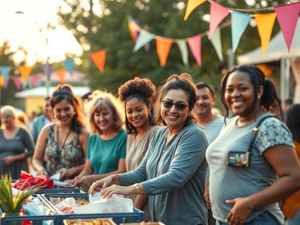 A diverse group of people of all ages smiling and working together outdoors, organizing a community fundraiser. The scene is vibrant and lively, with colorful banners and a festive atmosphere, under soft, inviting lighting.