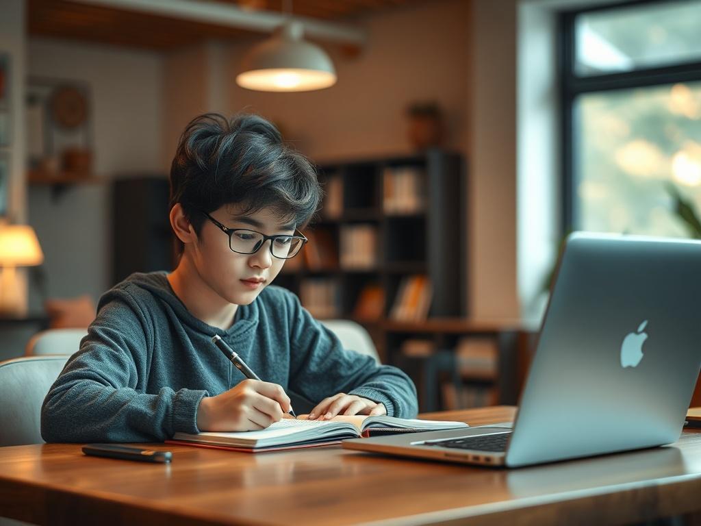 A focused high school student sitting at a table, writing in a notebook with a laptop open beside them. The background shows an inviting study space with soft lighting and warm tones, creating a peaceful and encouraging atmosphere.