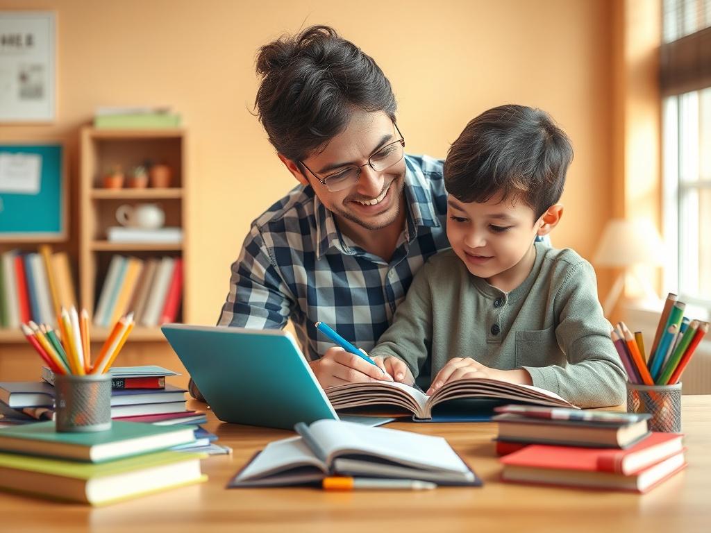 A caring tutor helping a young child with homework at a bright, cheerful table filled with books and school supplies. The background features warm colors and gentle lighting, evoking a supportive learning atmosphere.