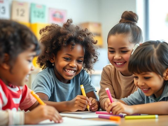 A close-up shot of a diverse group of children engaged in a learning activity, showcasing their enthusiasm and collaboration. The background features a bright classroom setting with educational materials visible. The image is rendered in hyper-realistic style, shot with a 45mm f/1.2 lens to emphasize the expressions of joy and focus on the children's faces. The primary color of the image should harmonize with rgb(193, 153, 87).