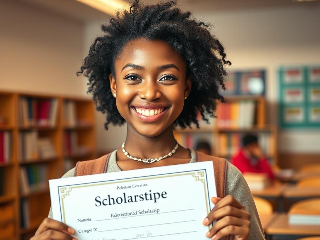 Create a hyper-realistic close-up shot of a smiling student holding a scholarship certificate in a bright classroom. The student should have diverse features, reflecting joy and achievement. The background should show books and educational materials, with warm lighting to convey a positive atmosphere.