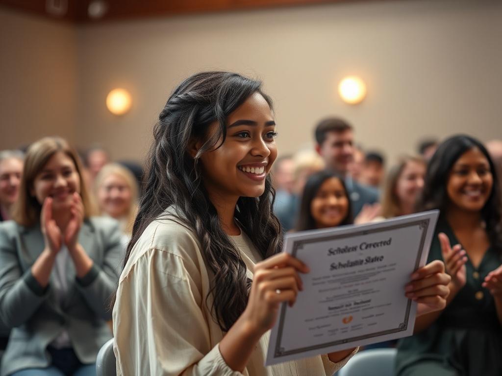 A heartfelt moment captured at a scholarship awards ceremony, featuring a smiling student receiving a certificate. The setting is warm and inviting, with soft lighting and a gentle atmosphere, showcasing an audience clapping in the background. The image conveys joy and pride, reflecting the importance of education and community support.