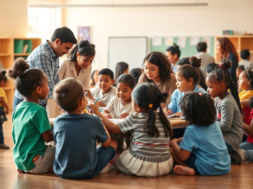 A vibrant community tutoring program launch event, showcasing a diverse group of enthusiastic children engaged in learning activities. The atmosphere is lively and positive, with tutors interacting with students in a bright, welcoming space. The image captures the essence of education and collaboration, highlighting the importance of community involvement.