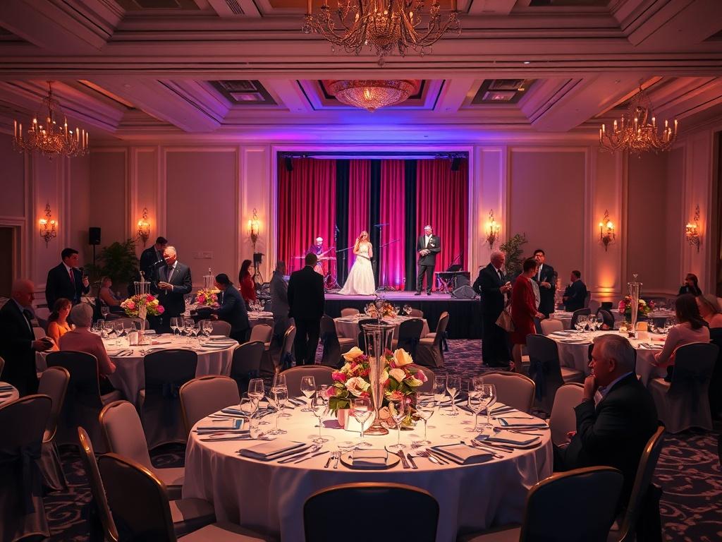 An elegant fundraising gala night setting, featuring beautifully arranged tables with soft lighting and a stage for live performances. Guests are dressed in formal attire, enjoying the evening's festivities, creating a warm and inviting atmosphere. The image reflects the spirit of giving and community engagement.