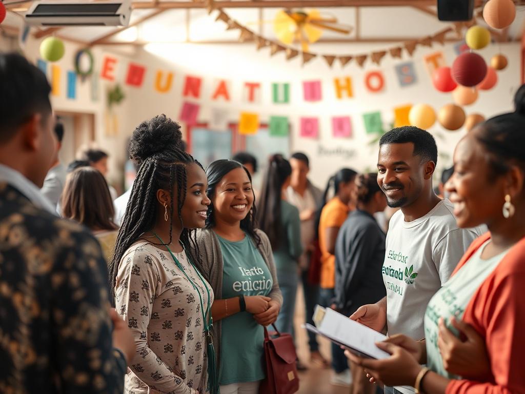 A vibrant image capturing a fundraising event in a community space, showcasing people of diverse backgrounds actively participating in various activities. The atmosphere should be lively and welcoming, with decorations that reflect the theme of education. Focus on a group of volunteers engaging with attendees, smiling and sharing information about the cause. Soft, warm lighting enhances the sense of community and hope.